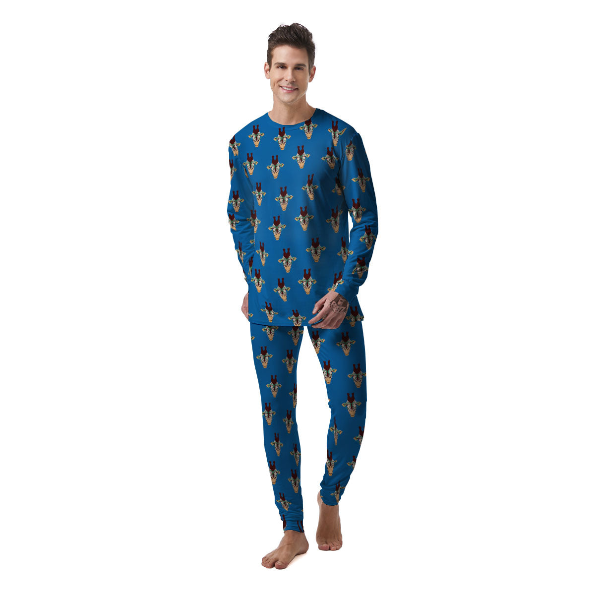 Giraffe With Glasses Print Pattern Men's Pajamas-grizzshop