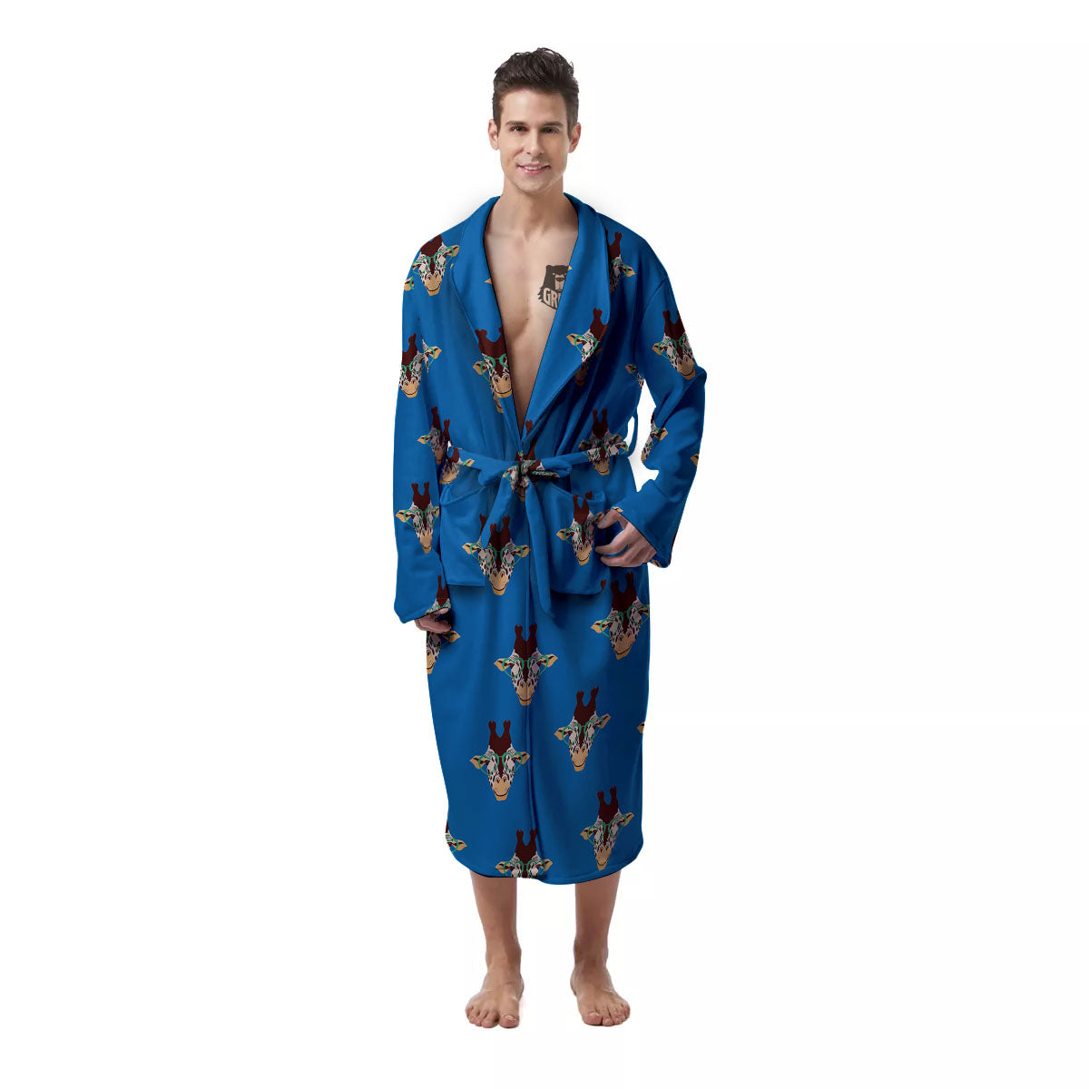Giraffe With Glasses Print Pattern Men's Robe-grizzshop