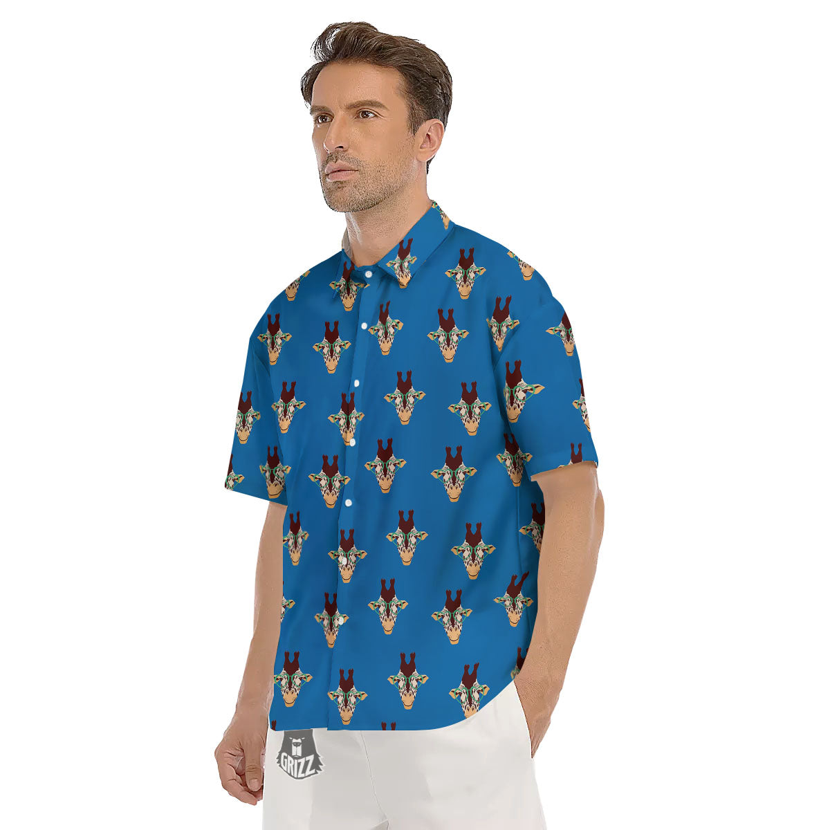 Giraffe With Glasses Print Pattern Men's Short Sleeve Shirts-grizzshop