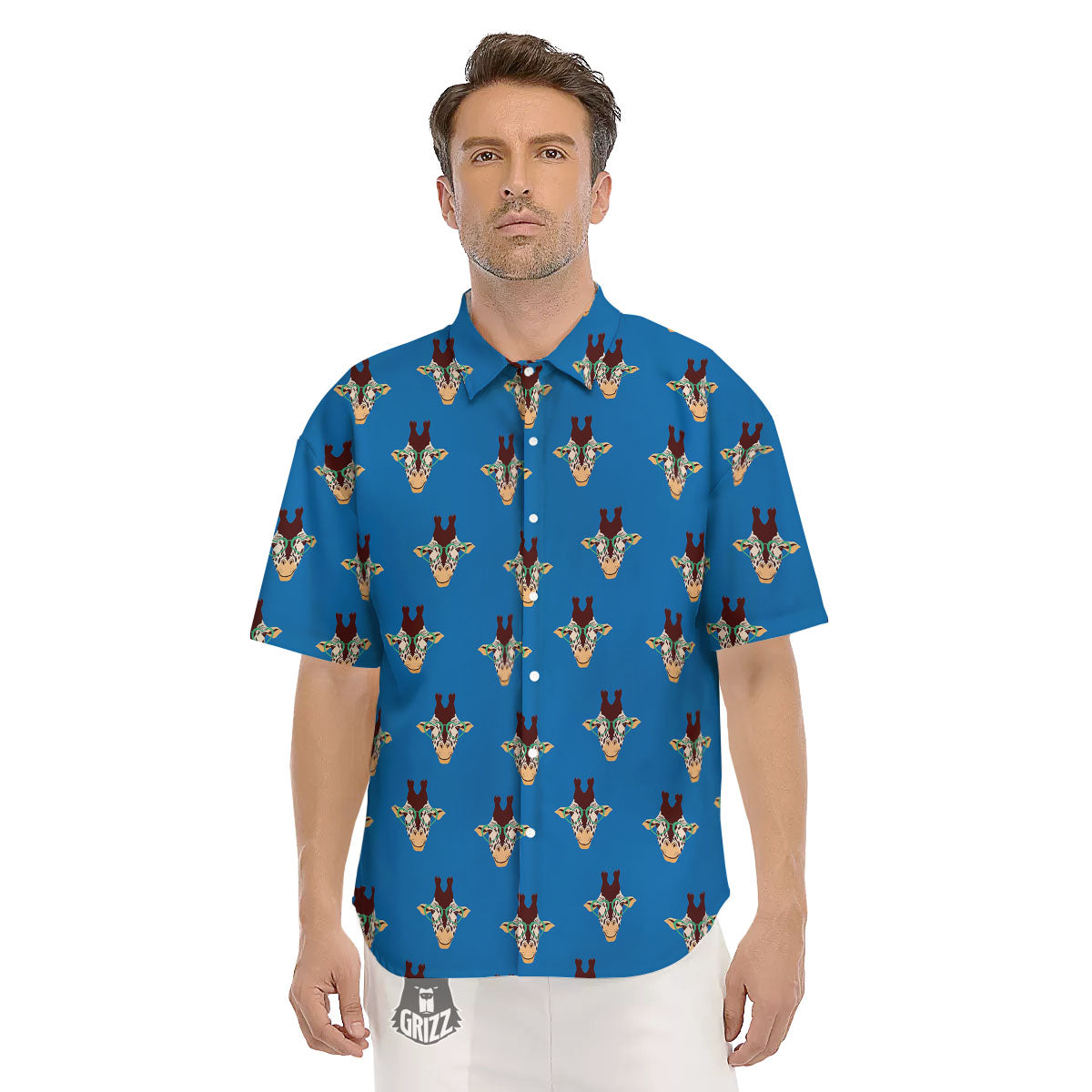 Giraffe With Glasses Print Pattern Men's Short Sleeve Shirts-grizzshop