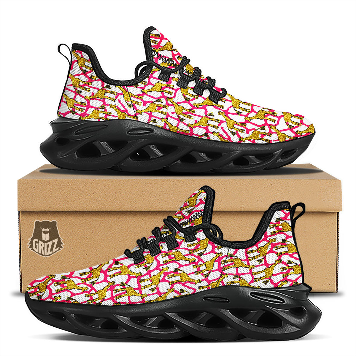 Giraffe Yellow And Pink Print Pattern Black Running Shoes-grizzshop