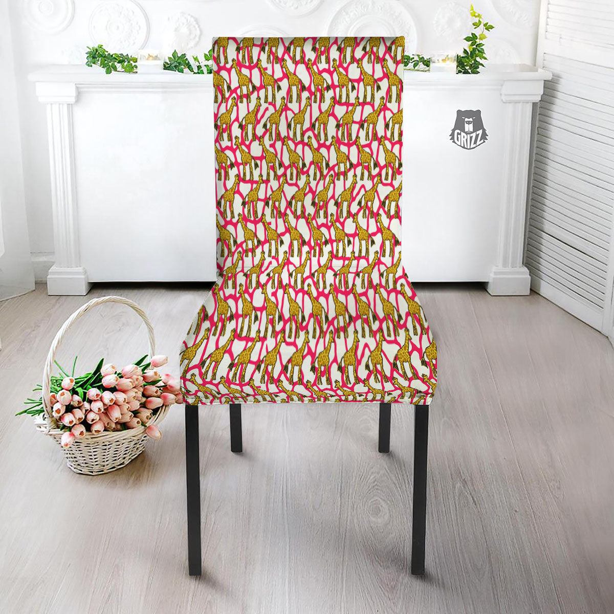 Giraffe Yellow And Pink Print Pattern Dining Chair Slipcover-grizzshop