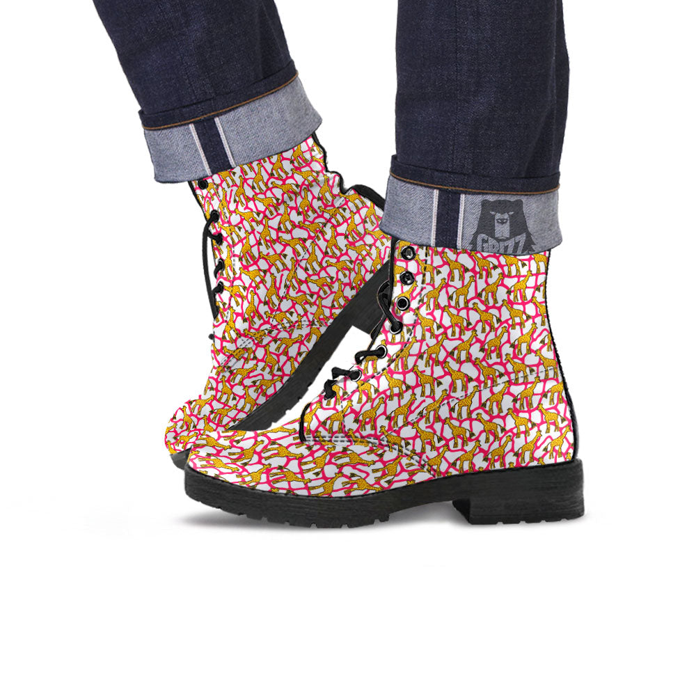 Giraffe Yellow And Pink Print Pattern Leather Boots-grizzshop