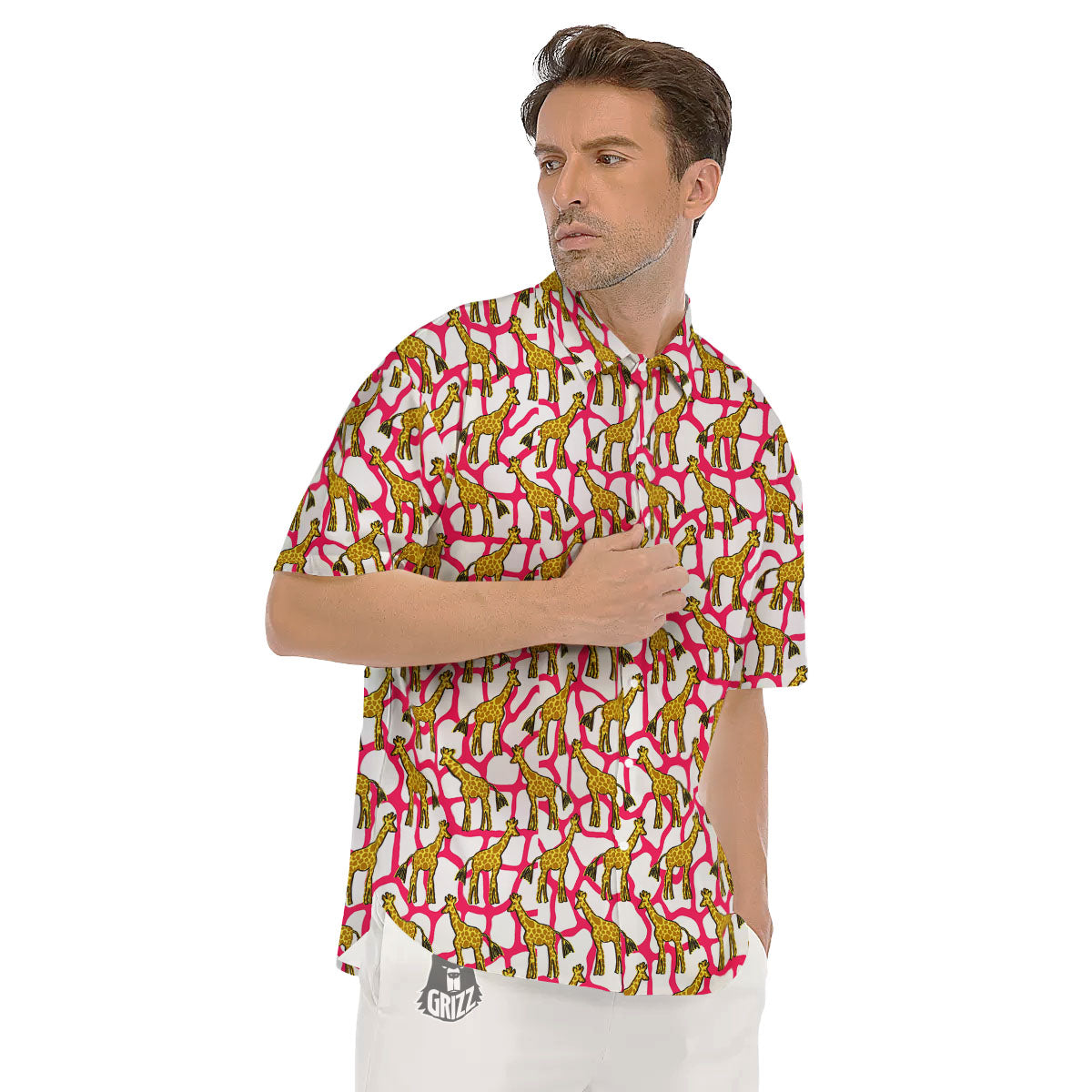 Giraffe Yellow And Pink Print Pattern Men's Short Sleeve Shirts-grizzshop