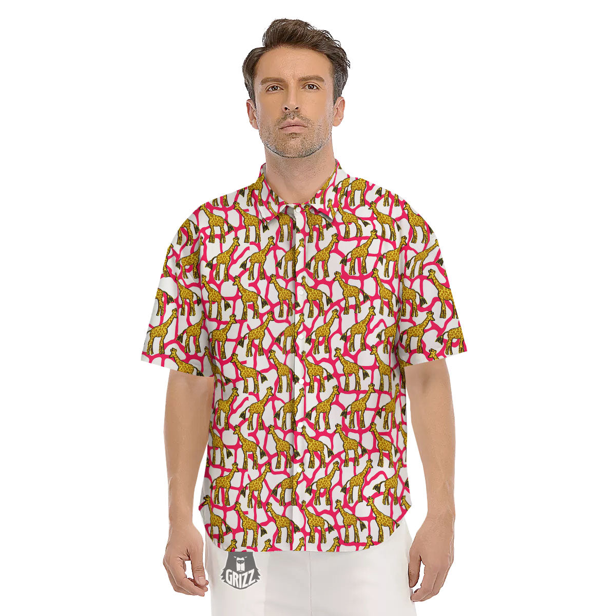 Giraffe Yellow And Pink Print Pattern Men's Short Sleeve Shirts-grizzshop