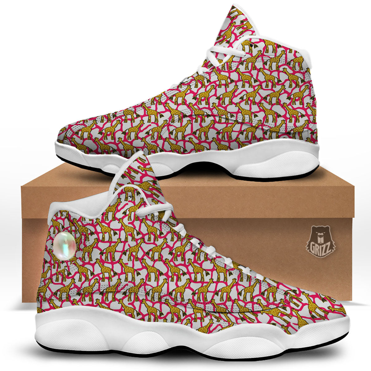 Giraffe Yellow And Pink Print Pattern White Basketball Shoes-grizzshop
