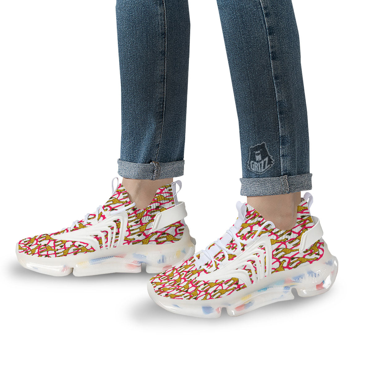 Giraffe Yellow And Pink Print Pattern White Gym Shoes-grizzshop