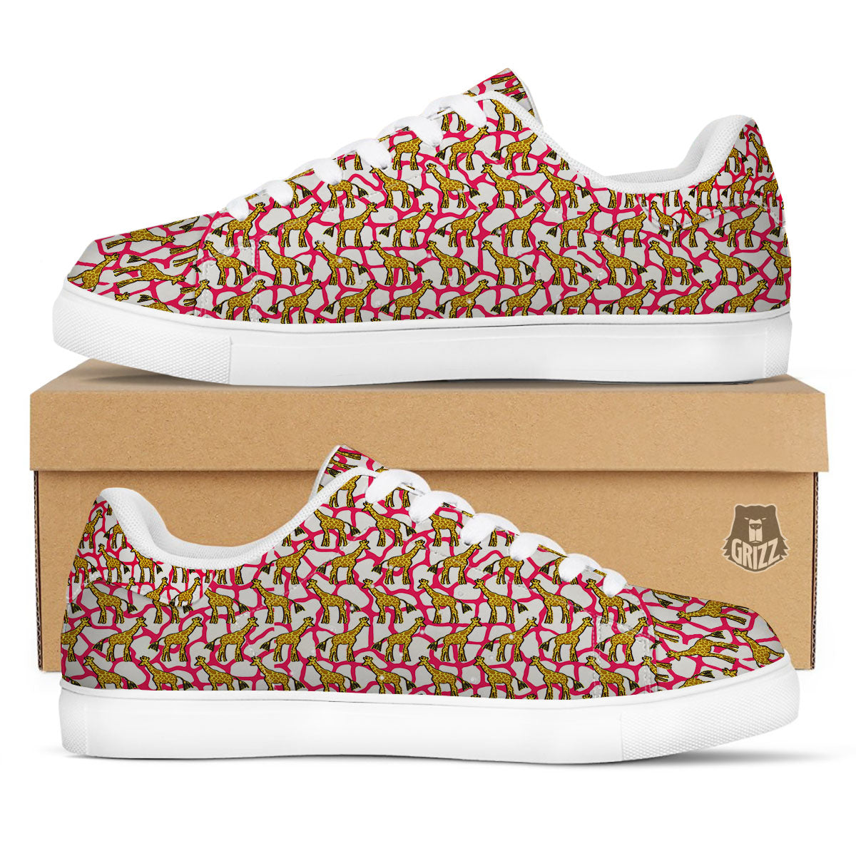 Giraffe Yellow And Pink Print Pattern White Low Top Sneakers-grizzshop