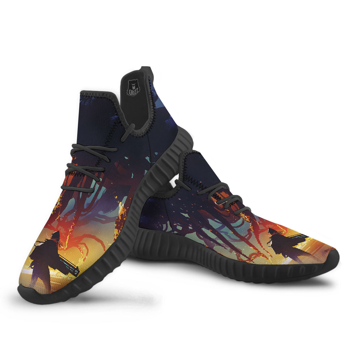Girl Fight With Alien Octopus Monster Print Black Walking Shoes-grizzshop