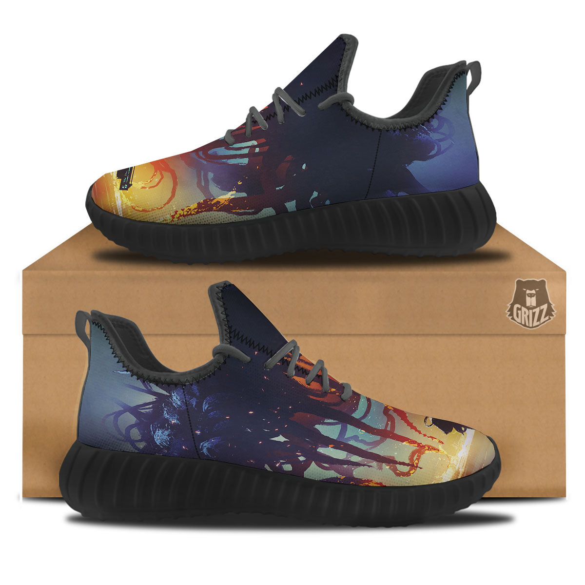 Girl Fight With Alien Octopus Monster Print Black Walking Shoes-grizzshop