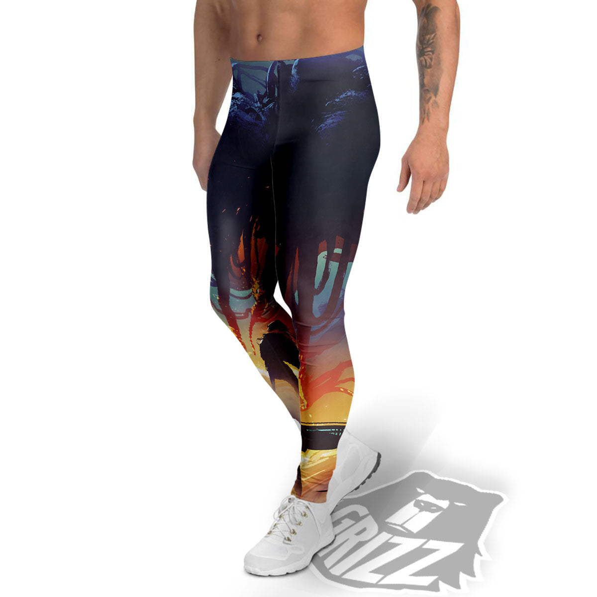 Girl Fight With Alien Octopus Monster Print Men's Leggings-grizzshop
