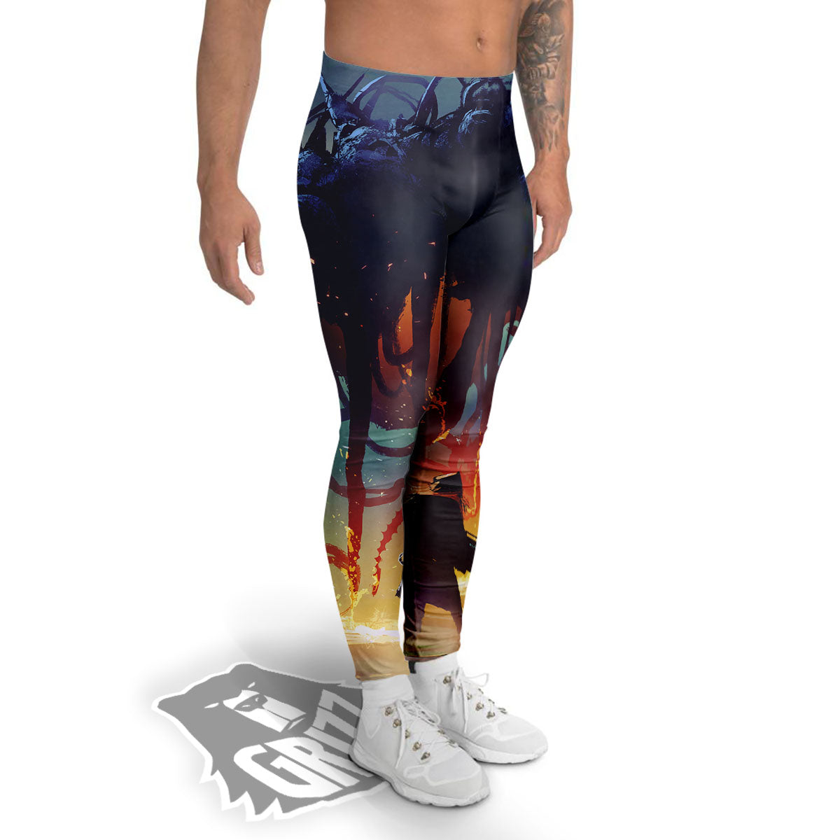 Girl Fight With Alien Octopus Monster Print Men's Leggings-grizzshop