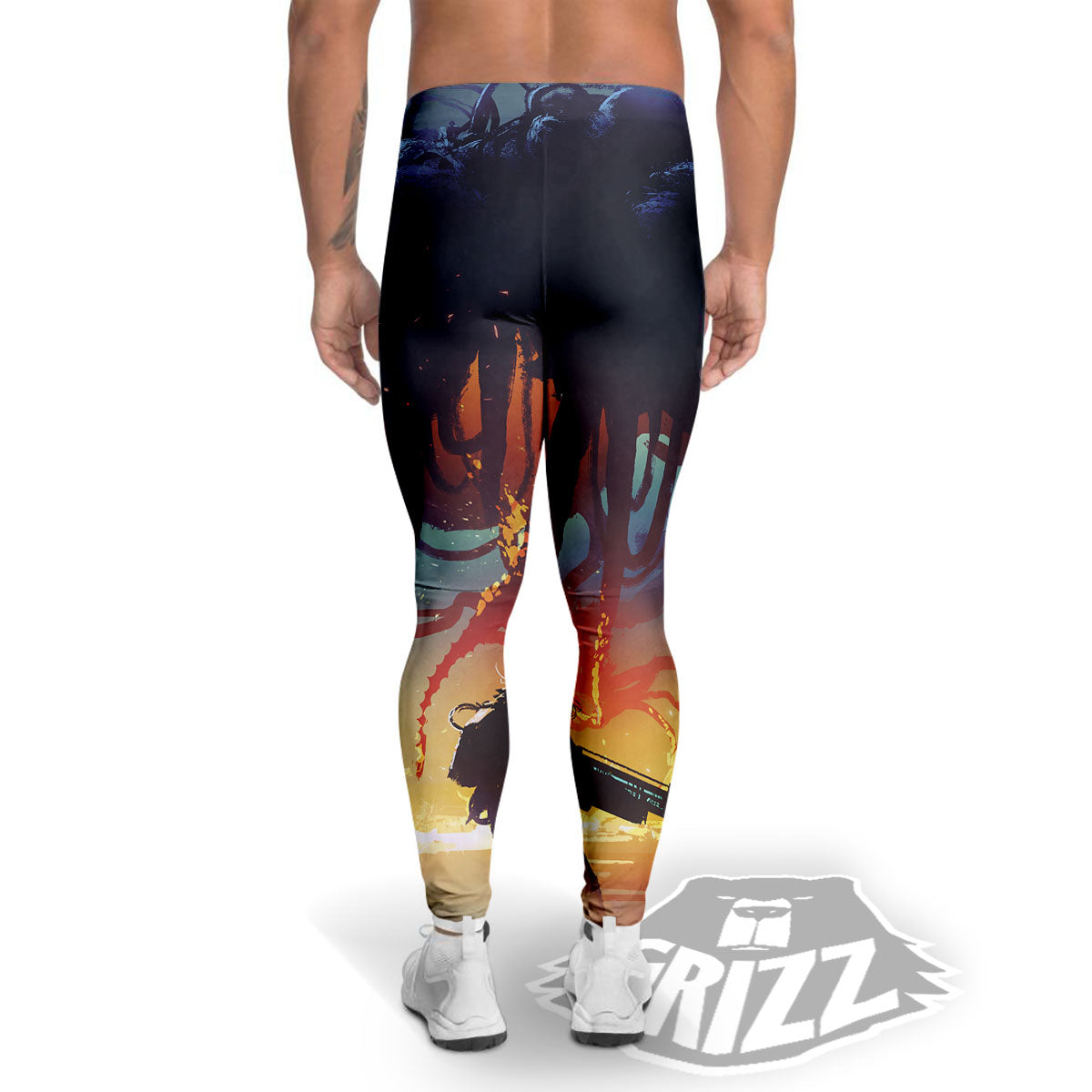 Girl Fight With Alien Octopus Monster Print Men's Leggings-grizzshop