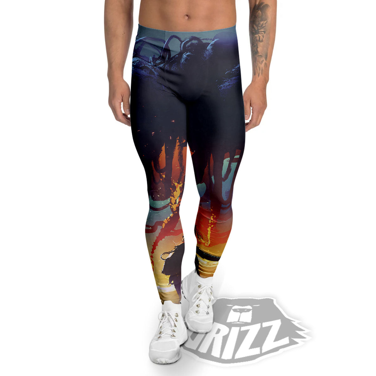 Girl Fight With Alien Octopus Monster Print Men's Leggings-grizzshop