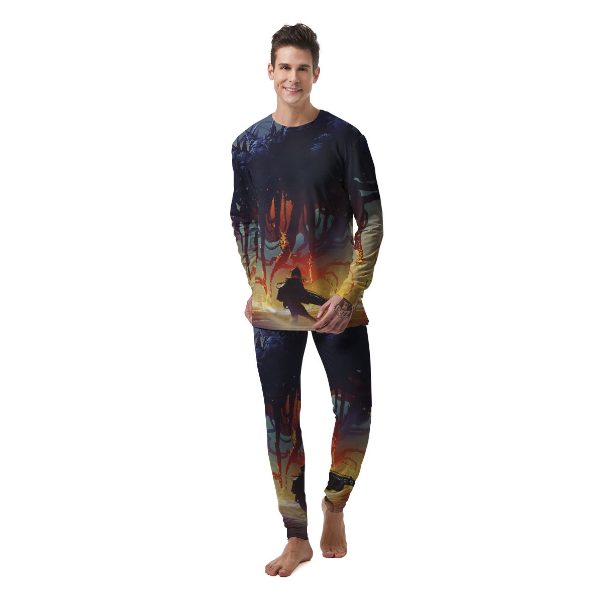 Girl Fight With Alien Octopus Monster Print Men's Pajamas-grizzshop