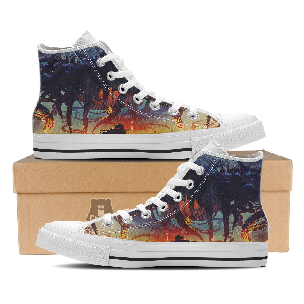 Girl Fight With Alien Octopus Monster Print White High Top Shoes-grizzshop