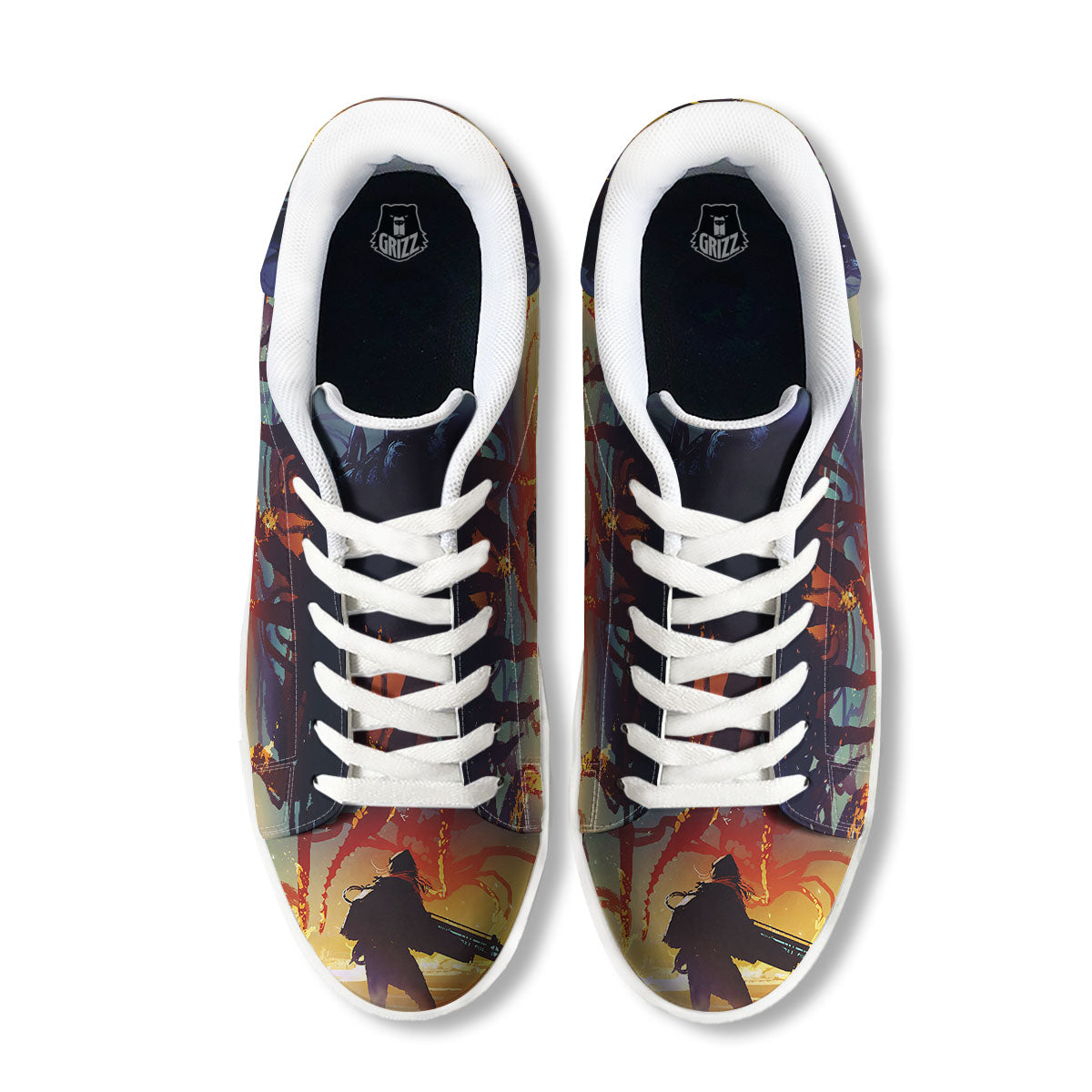 Girl Fight With Alien Octopus Monster Print White Low Top Sneakers-grizzshop