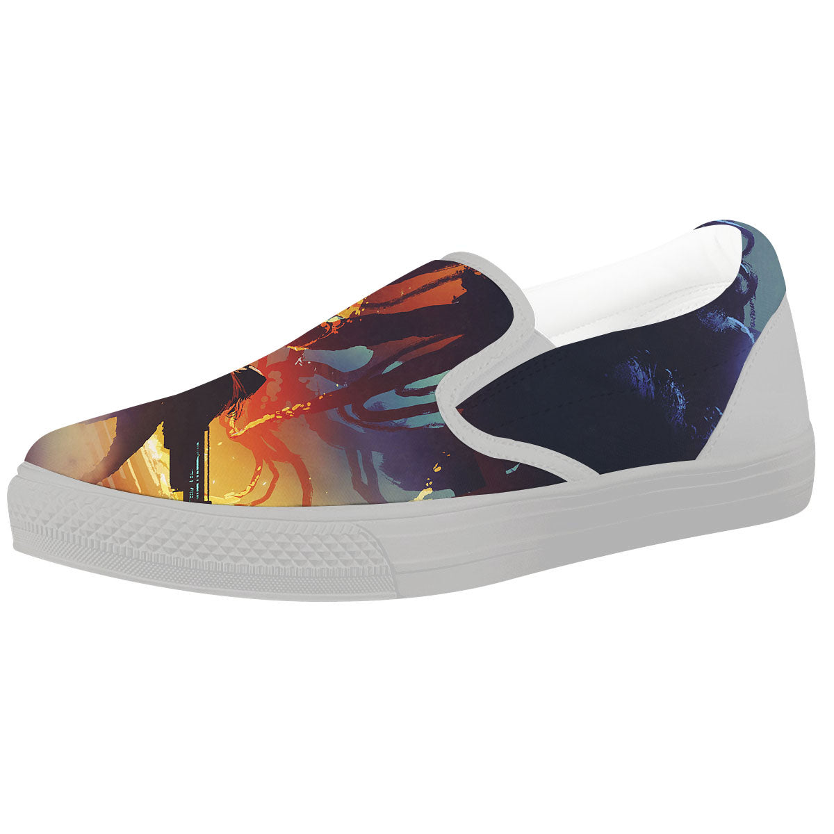 Girl Fight With Alien Octopus Monster Print White Slip On Shoes-grizzshop
