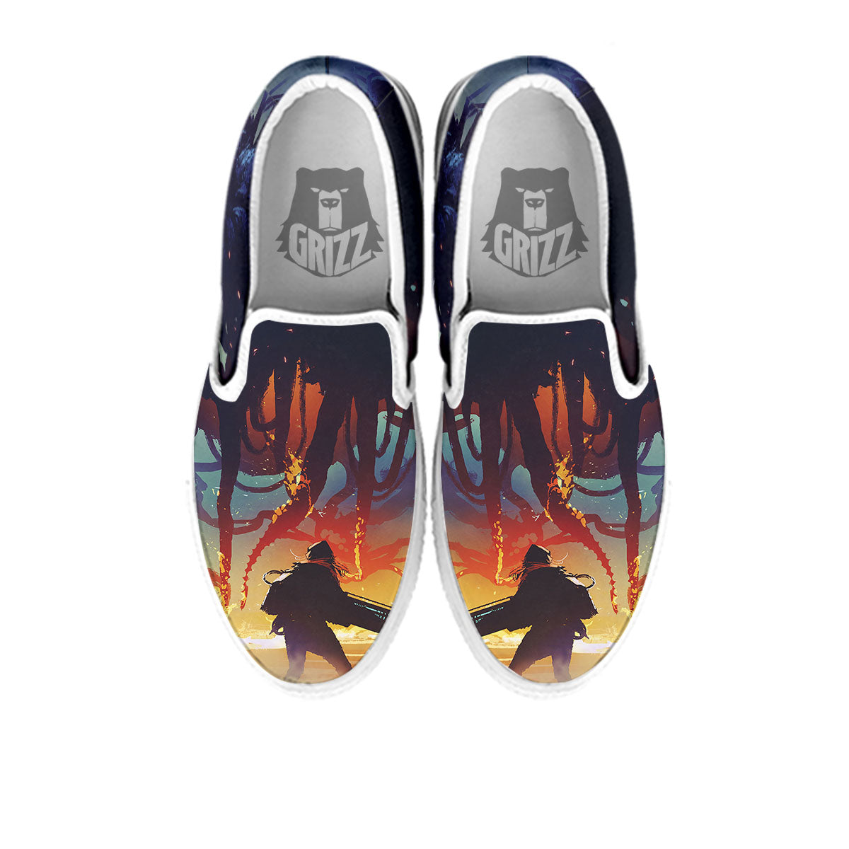 Girl Fight With Alien Octopus Monster Print White Slip On Shoes-grizzshop