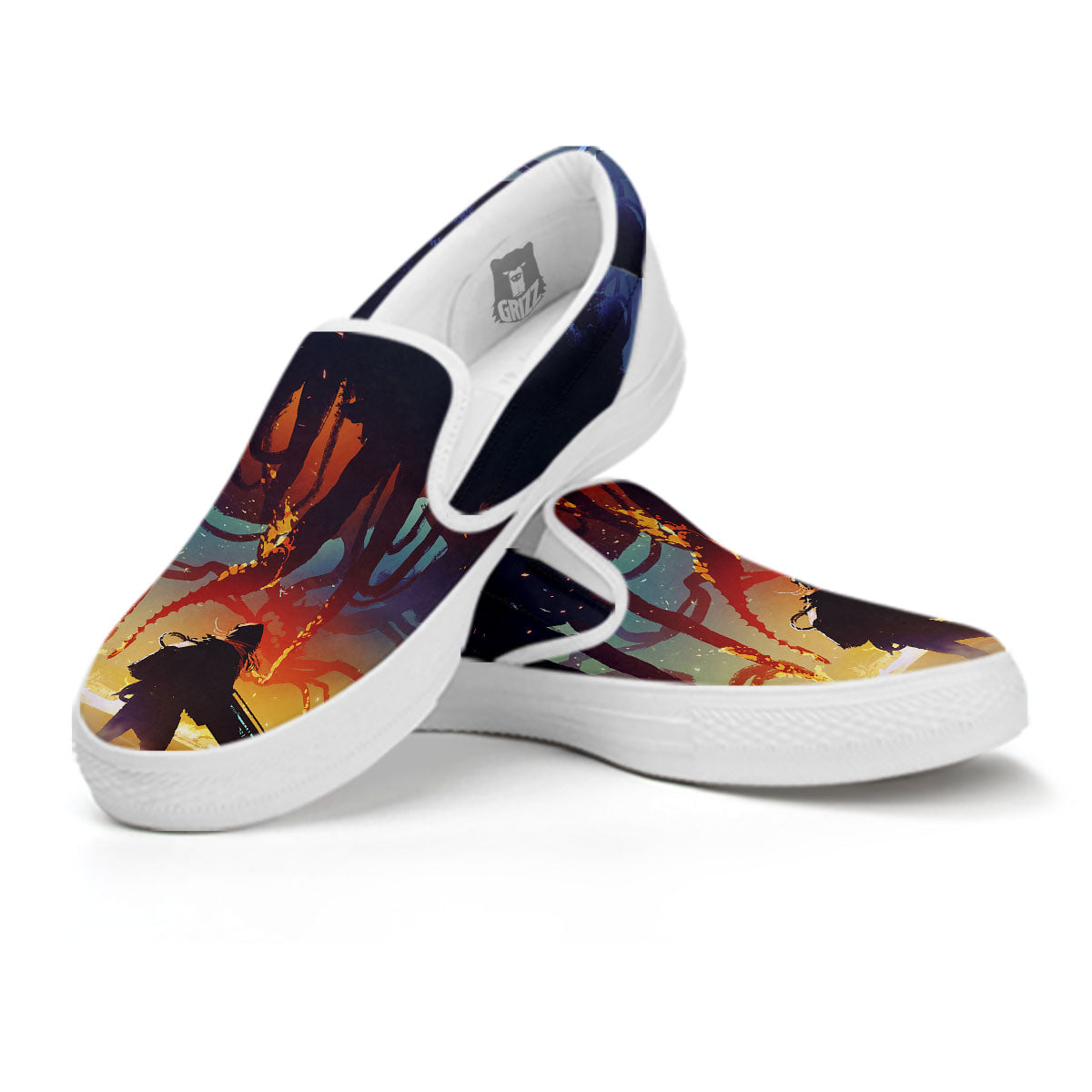 Girl Fight With Alien Octopus Monster Print White Slip On Shoes-grizzshop