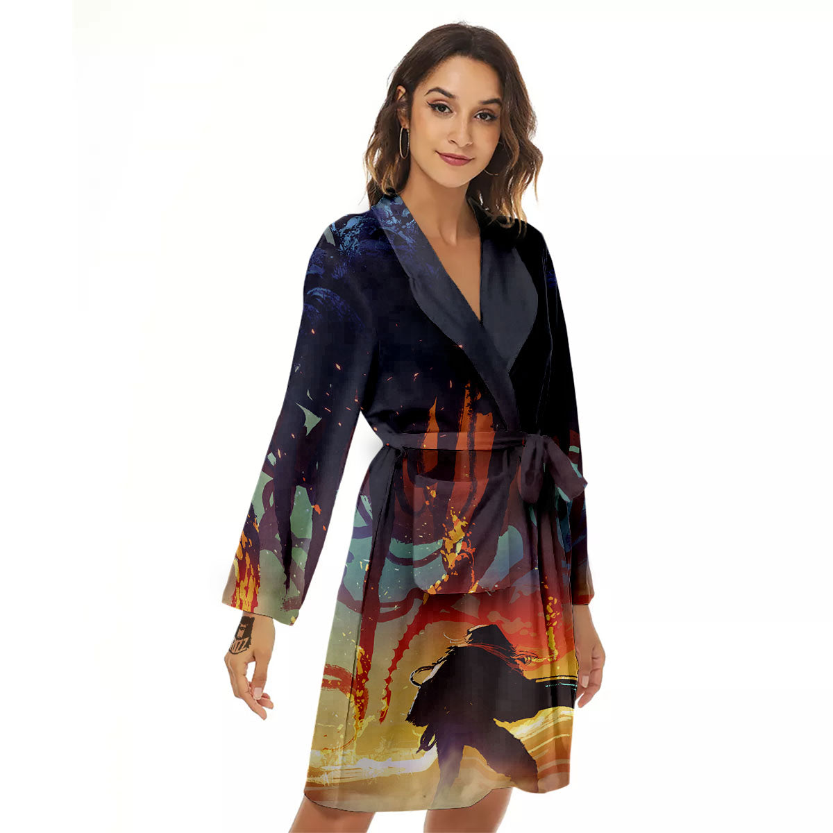 Girl Fight With Alien Octopus Monster Print Women's Robe-grizzshop