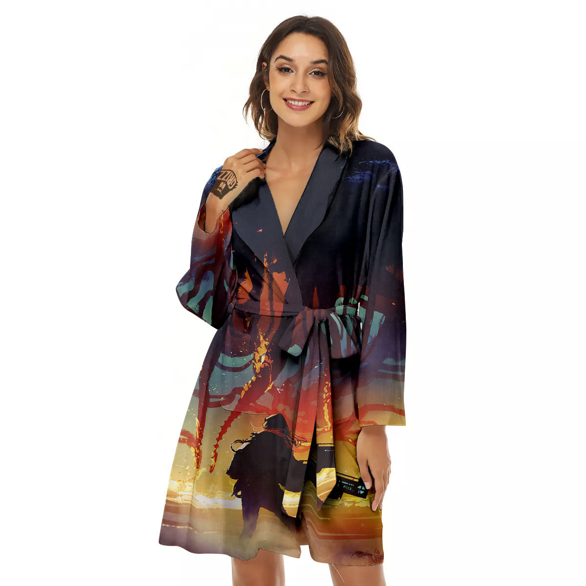 Girl Fight With Alien Octopus Monster Print Women's Robe-grizzshop