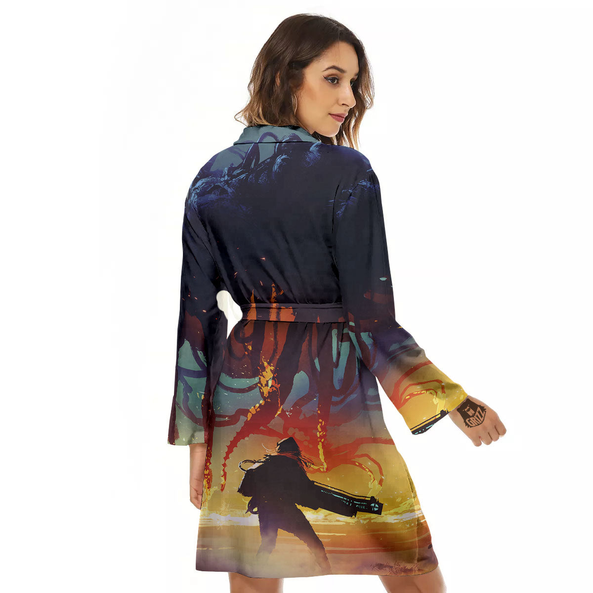 Girl Fight With Alien Octopus Monster Print Women's Robe-grizzshop