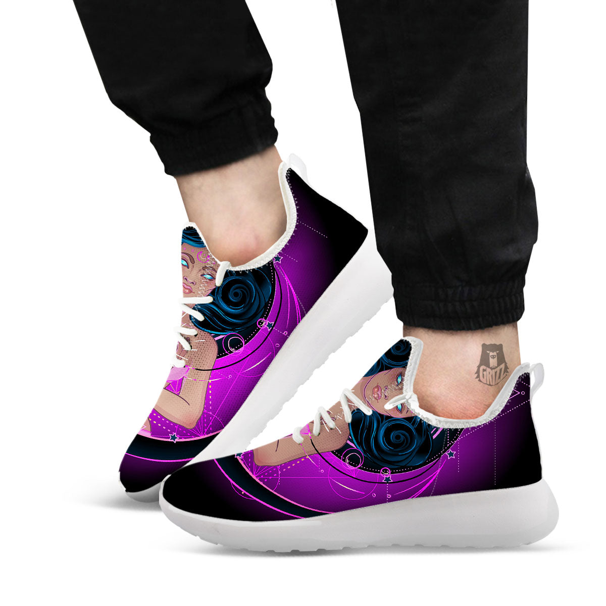 Girl Wiccan And Magical Moon Print White Athletic Shoes-grizzshop