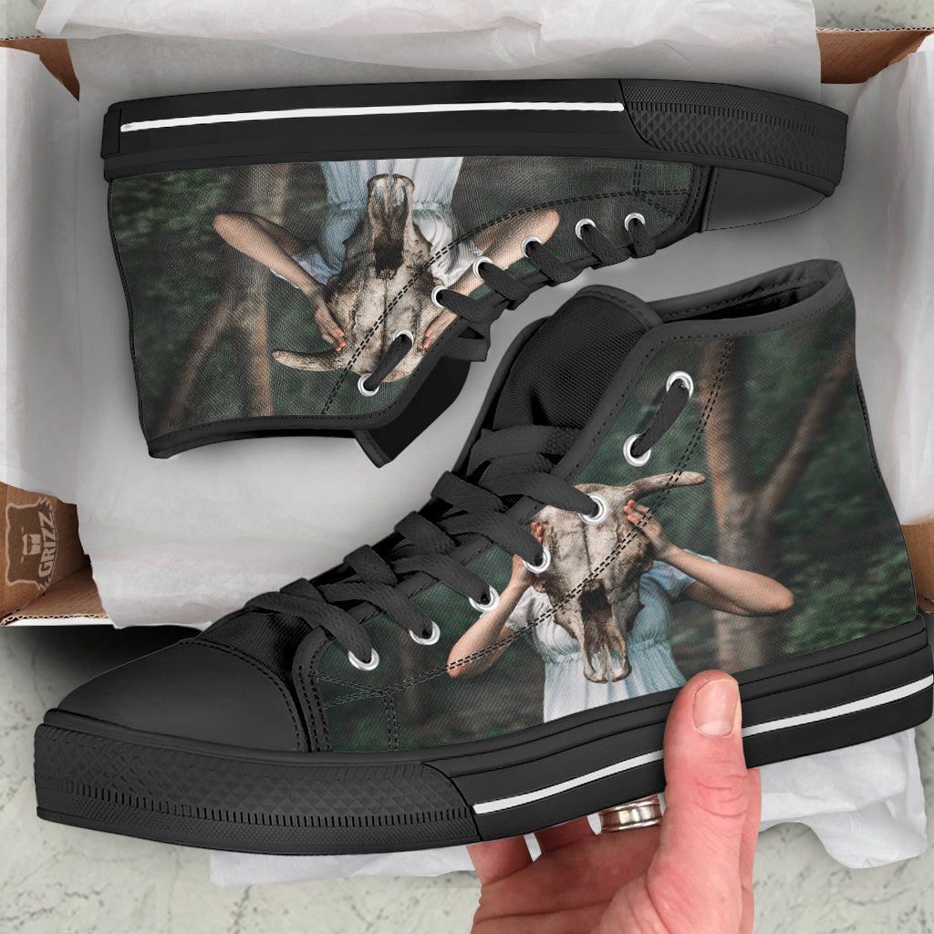 Girl With Animal Skull Print Black High Top Shoes-grizzshop
