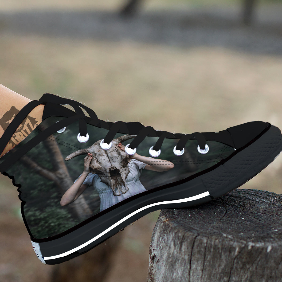 Girl With Animal Skull Print Black High Top Shoes-grizzshop