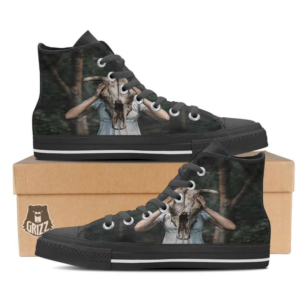 Girl With Animal Skull Print Black High Top Shoes-grizzshop