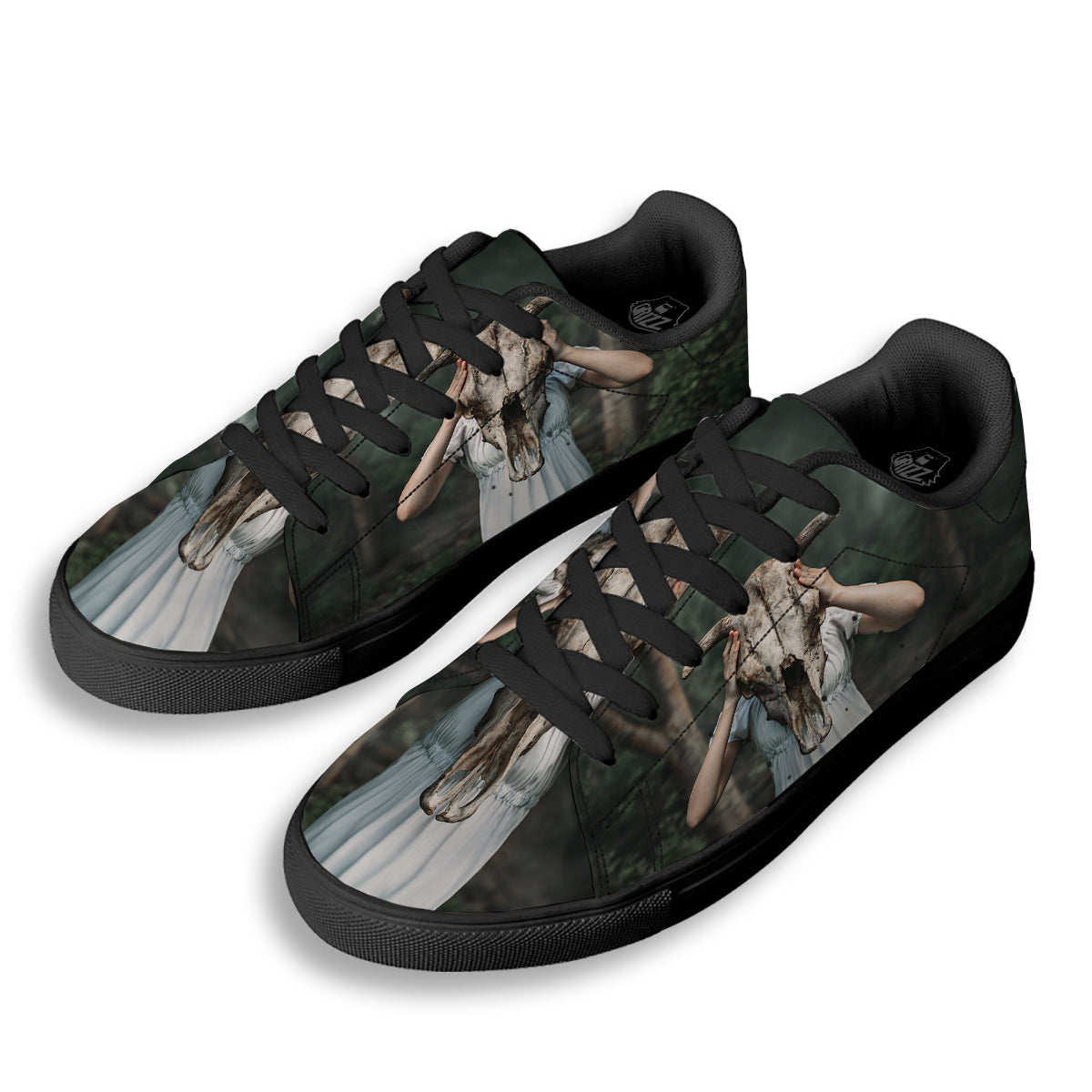 Girl With Animal Skull Print Black Low Top Sneakers-grizzshop