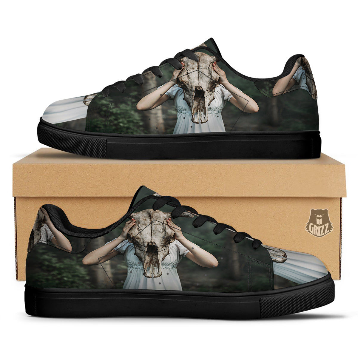 Girl With Animal Skull Print Black Low Top Sneakers-grizzshop
