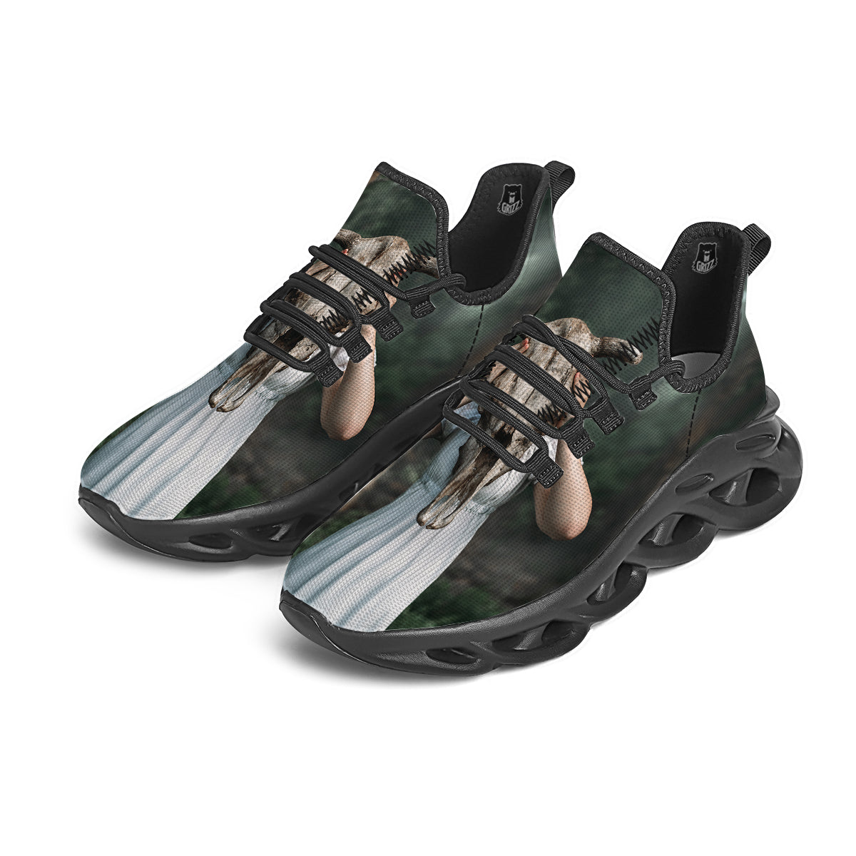 Girl With Animal Skull Print Black Running Shoes-grizzshop