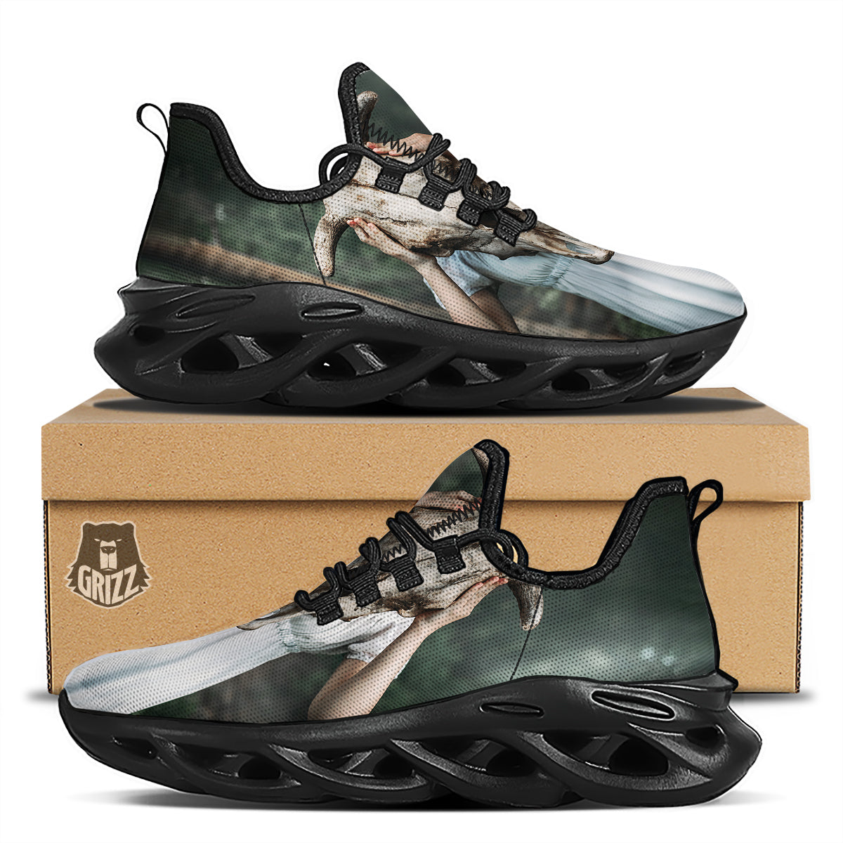 Girl With Animal Skull Print Black Running Shoes-grizzshop