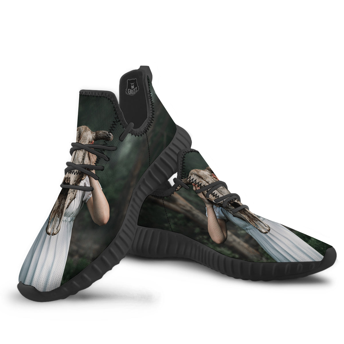 Girl With Animal Skull Print Black Walking Shoes-grizzshop