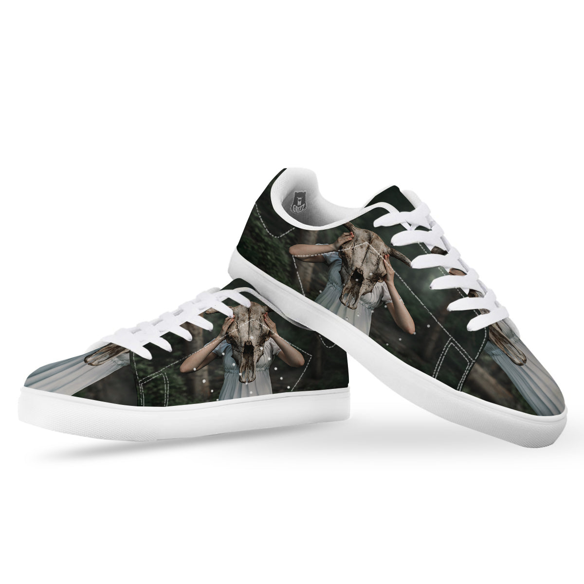 Girl With Animal Skull Print White Low Top Sneakers-grizzshop