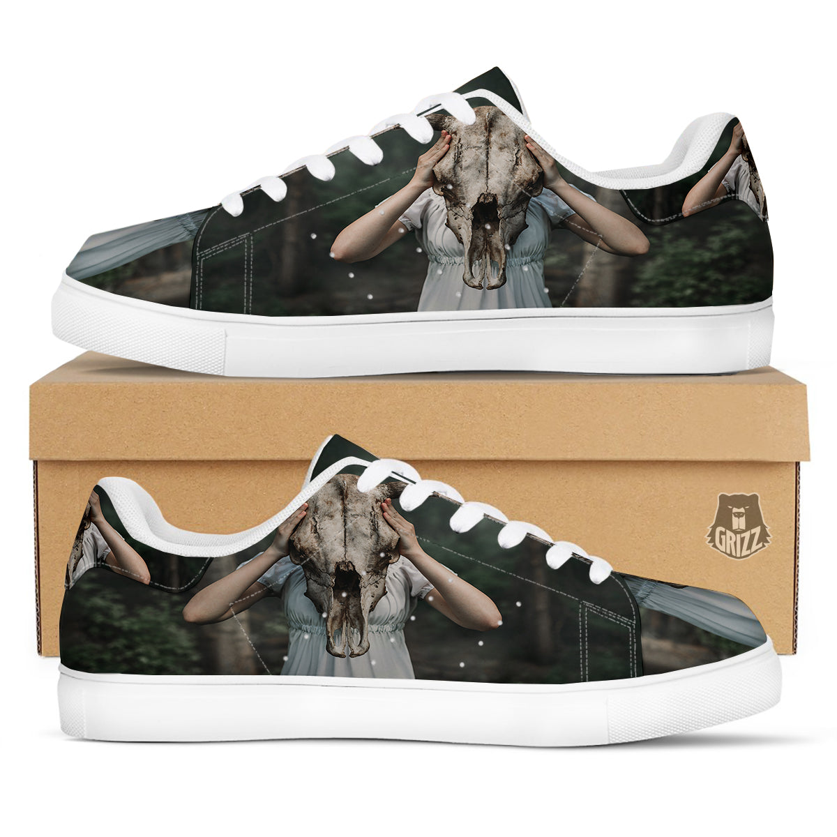 Girl With Animal Skull Print White Low Top Sneakers-grizzshop