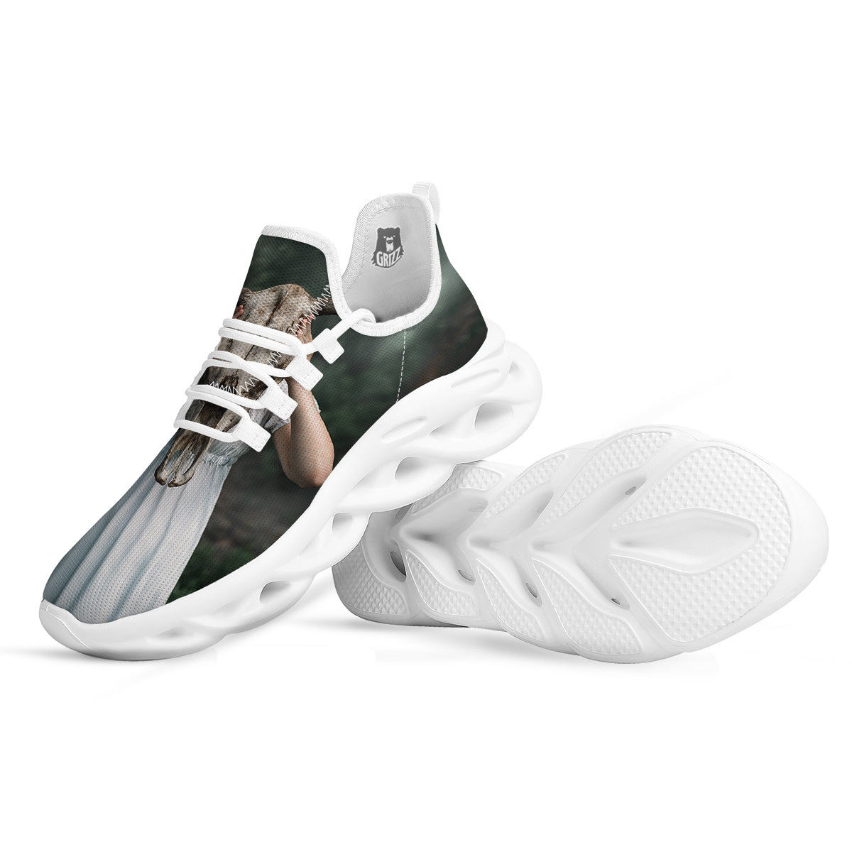 Girl With Animal Skull Print White Running Shoes-grizzshop