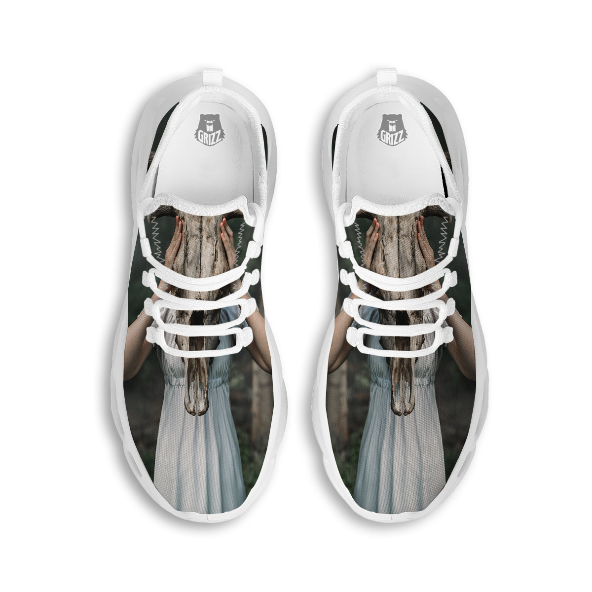 Girl With Animal Skull Print White Running Shoes-grizzshop