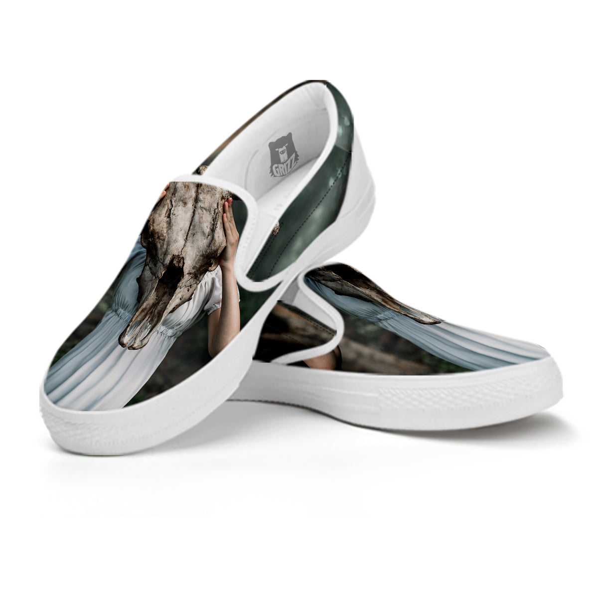 Girl With Animal Skull Print White Slip On Shoes-grizzshop