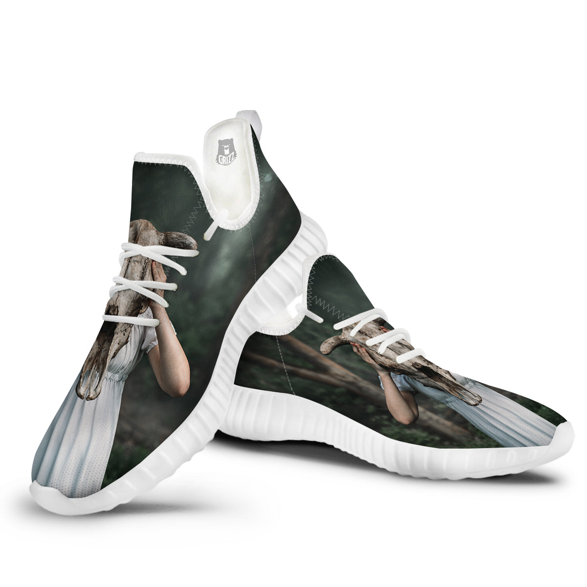 Girl With Animal Skull Print White Walking Shoes-grizzshop