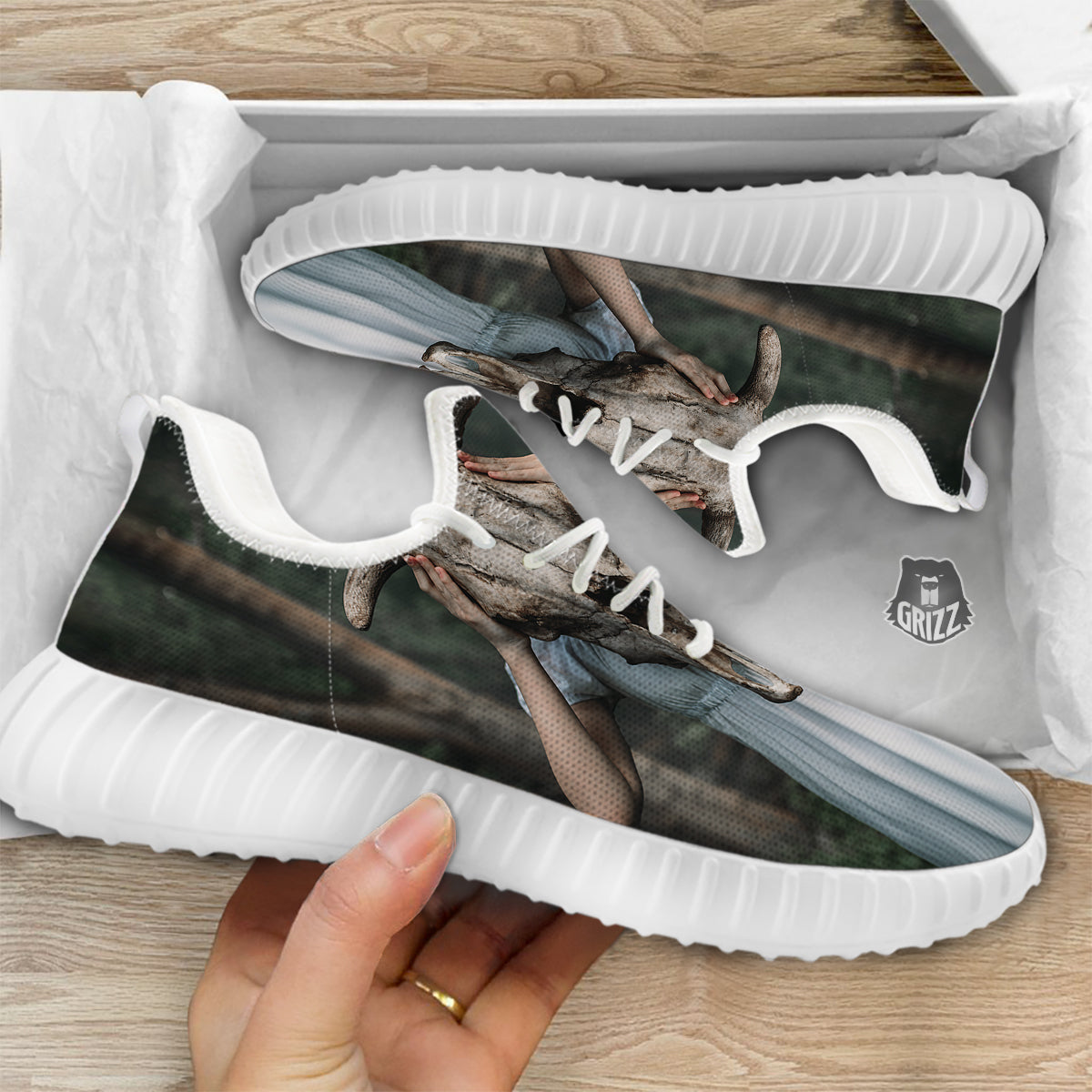 Girl With Animal Skull Print White Walking Shoes-grizzshop