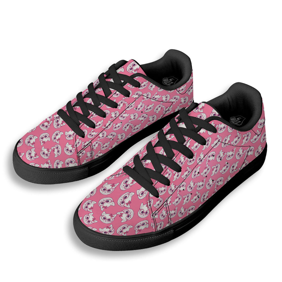 Girly Cat With Glasses Print Pattern Black Low Top Sneakers-grizzshop