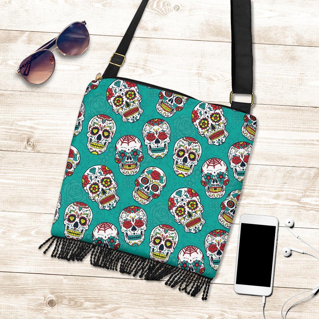 Girly Floral Rose Sugar Skull Skeleton Pattern Print Crossbody Bags-grizzshop