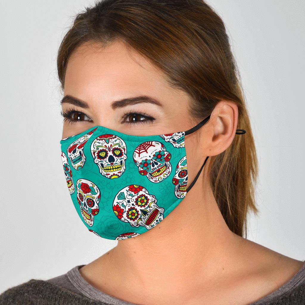 Girly Floral Rose Sugar Skull Skeleton Pattern Print Face Mask-grizzshop