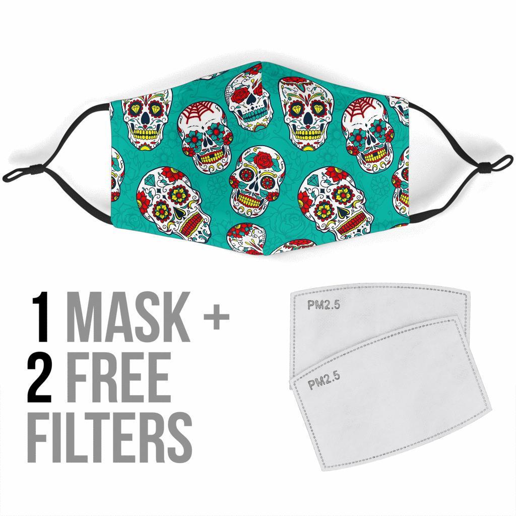 Girly Floral Rose Sugar Skull Skeleton Pattern Print Face Mask-grizzshop