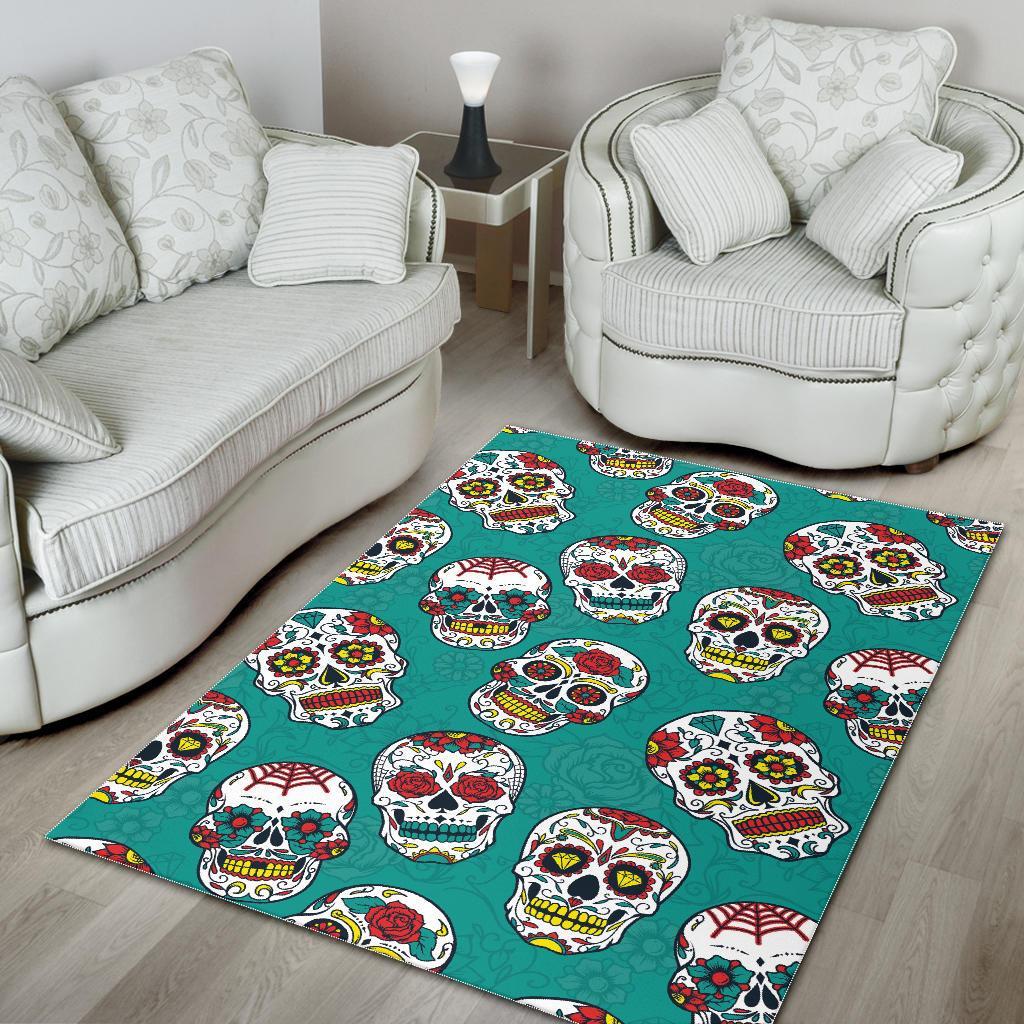 Girly Floral Rose Sugar Skull Skeleton Pattern Print Floor Mat-grizzshop