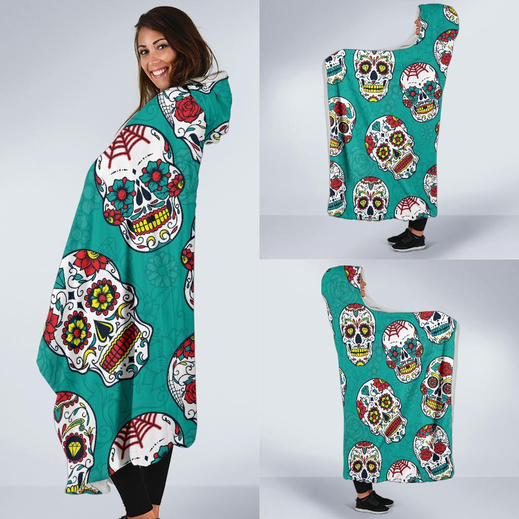 Girly Floral Rose Sugar Skull Skeleton Pattern Print Hooded Blanket-grizzshop