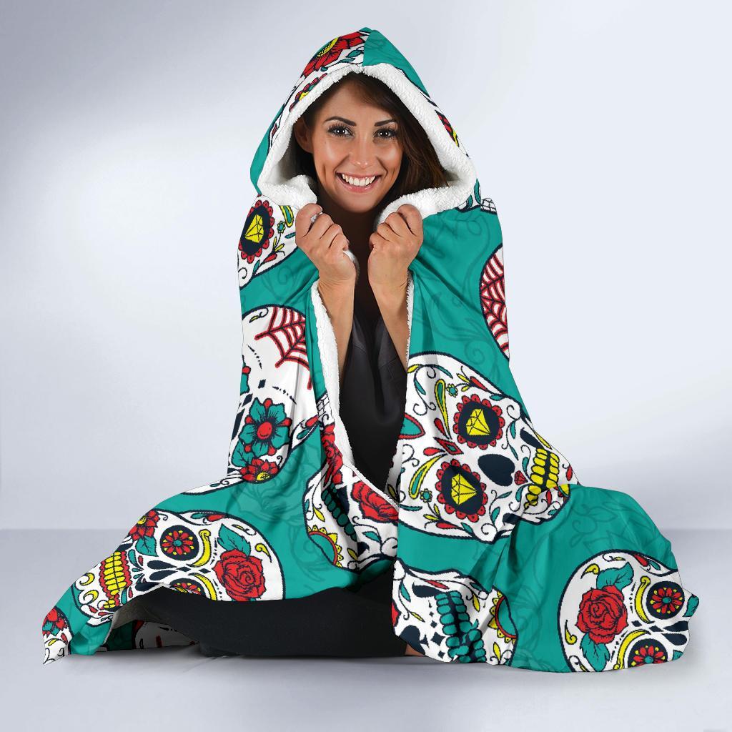 Girly Floral Rose Sugar Skull Skeleton Pattern Print Hooded Blanket-grizzshop